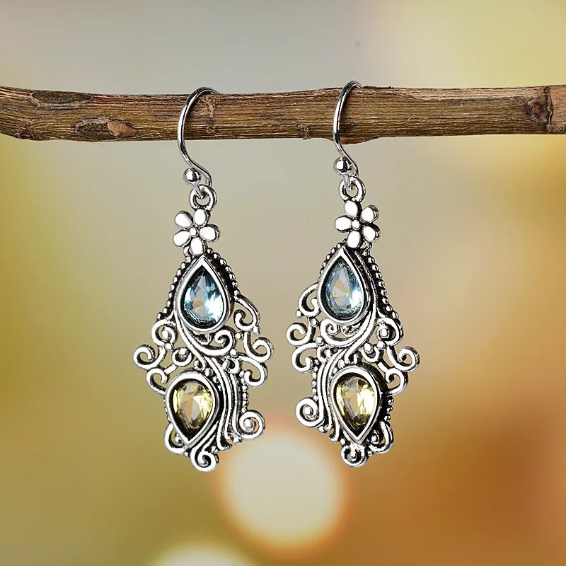 Vintage Korean Flower Water Drop Crystal Long Copper Earrings For Women Statement Hanging Dangle Jewelry | Украшения и аксессуары