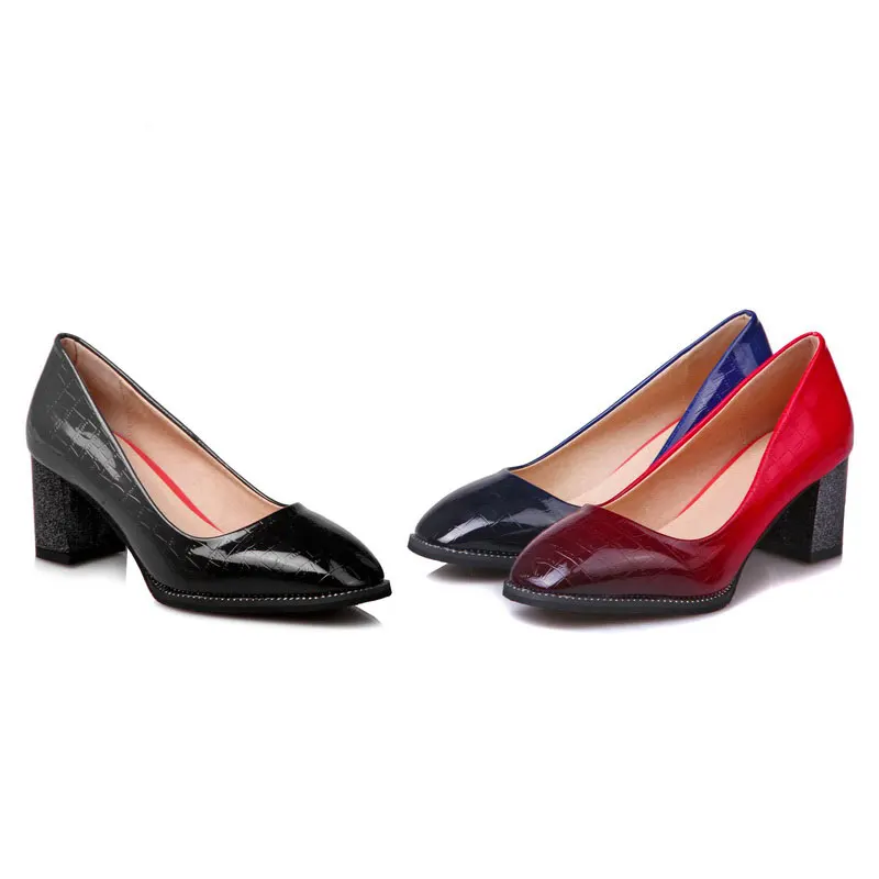 Daitifen 2018 size 33-44 mixed color patent leather women pumps fashion square toe thick heels shallow elegant office shoes | Обувь