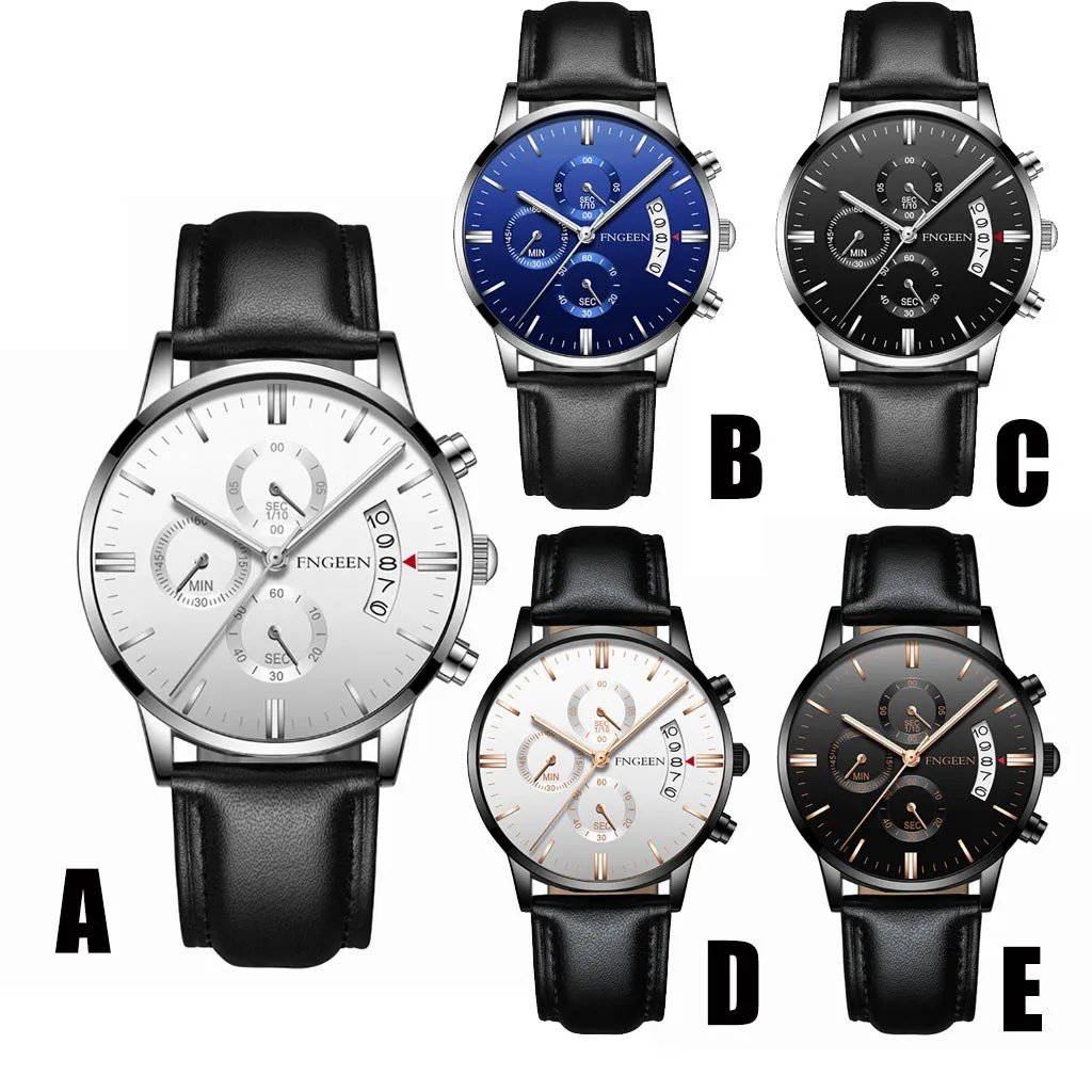 FNGEEN модные роскошные мужские часы повседневные с календарем кожаный ремешок