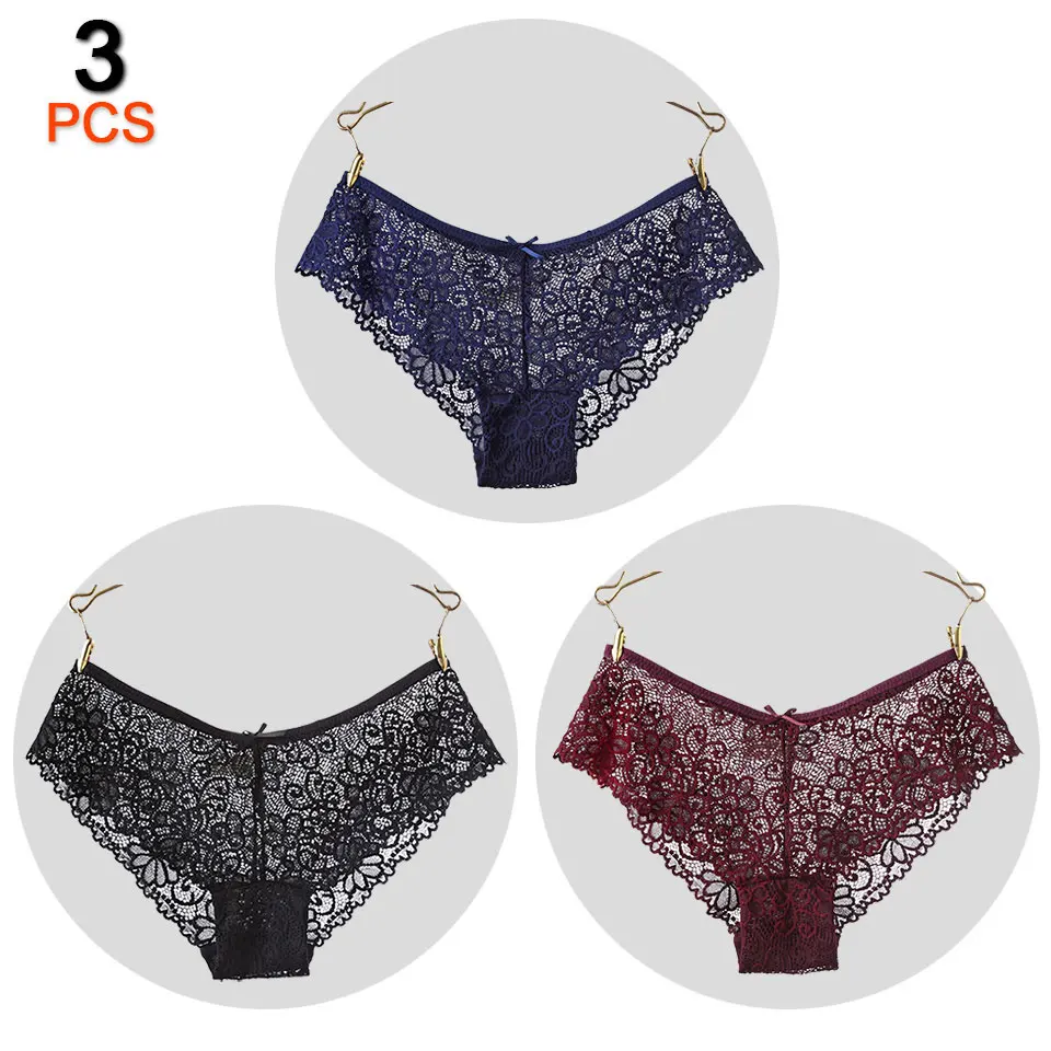 Black Blue ZHred 3 шт./лот, сексуальные кружевные женские трусики хлопковые нижнее белье, женские трусы, уютные женские трусики с низкой талией, женское дышащее белье - Цвет: Black Blue ZHred