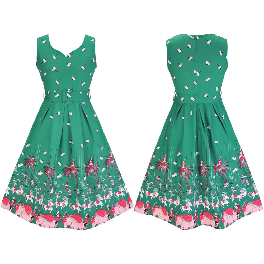 2017 Vintage Dress Women Summer Fashionable Dancer Umbrella Print 1950s Rockabilly Hepburn A Line Big Swing Party Tunic | Женская одежда