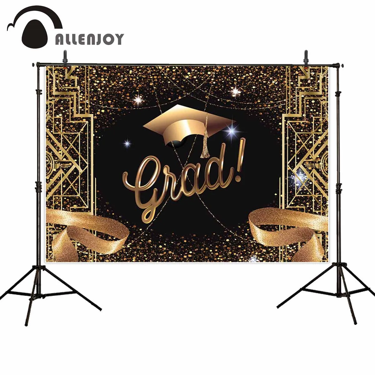 

Allenjoy graduation party photocall background Bachelor cap glitter black gold gatsby photography backdrop photophone shoot prop