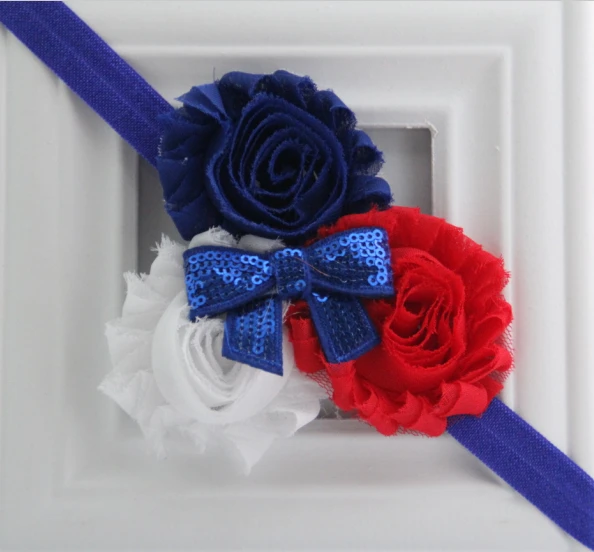 

5pcs/lot 4th July America Patriotic Red White Blue Shabby Rosette Flower Print FOE Elastic with Rhinestone/Bow Kids Headbands