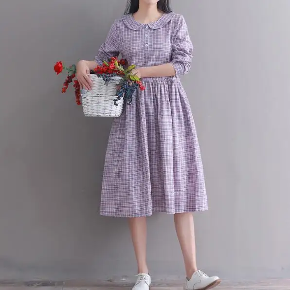 Mori Girl/весеннее женское платье в клетку с воротником Питер Пен хлопковое льняное