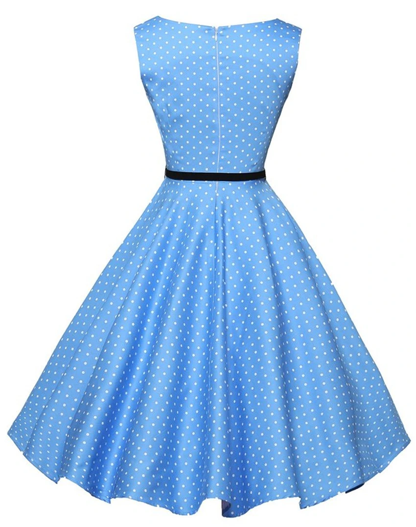 2018 Women Summer Dress Blue Audrey Hepburn Robe Printed Dot Swing Vintage Dresses 50s 60s Rockabilly Vestidos With Belt | Женская
