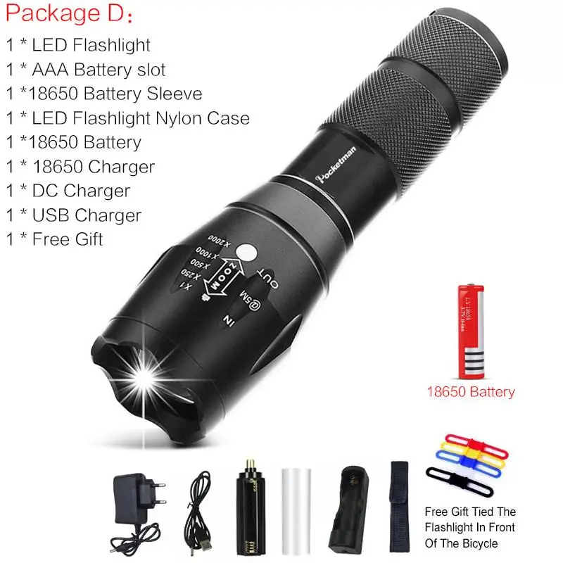 Package D 5000 Lums XP-L-V6 L2 светодиодный тактический фонарь, масштабируемый светодиодный фонарь linterna, водонепроницаемый фонарь для AAA 18650, перезаряжаемый - Испускаемый цвет: Package D