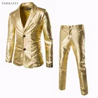 (Куртка + брюки) мужской деловой костюм, золотистый, серебристый, тонкий смокинг, деловой костюм, брендовый Блейзер, для выступлений и вечерние, мужские костюмы