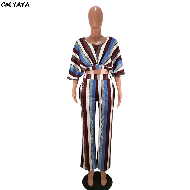 Новинка 2019 женский костюм в полоску с рукавом летучая мышь топ широкими
