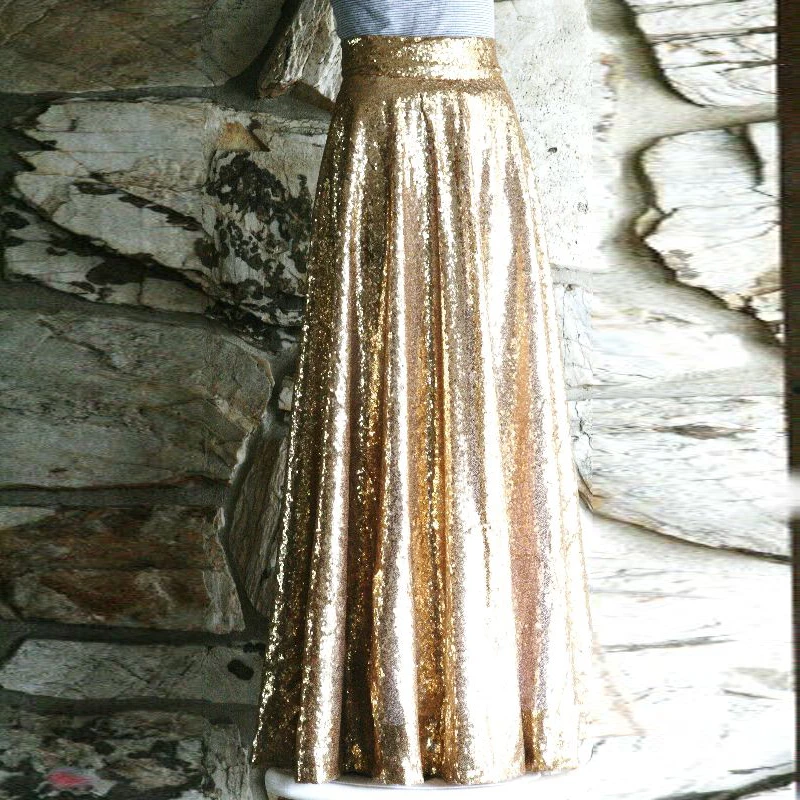 Shining Gold Long Sequins Skirts A Line Invisible Zipper Waist Floor Length Skirts 2017 Women Sequined Maxi Skirts Custom Made