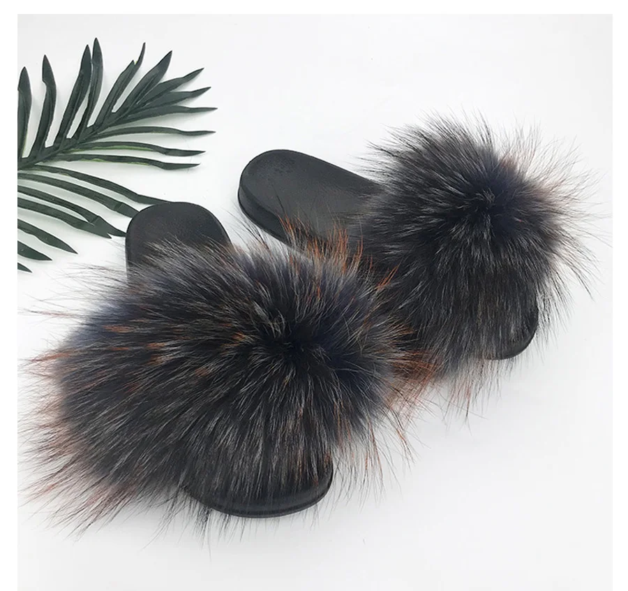 ZDFURS* New Arrivals Real Raccoon Fur Slippers Women Fluffy Fur Slides Spring Autumn Winter Indoor Outdoor Shoes