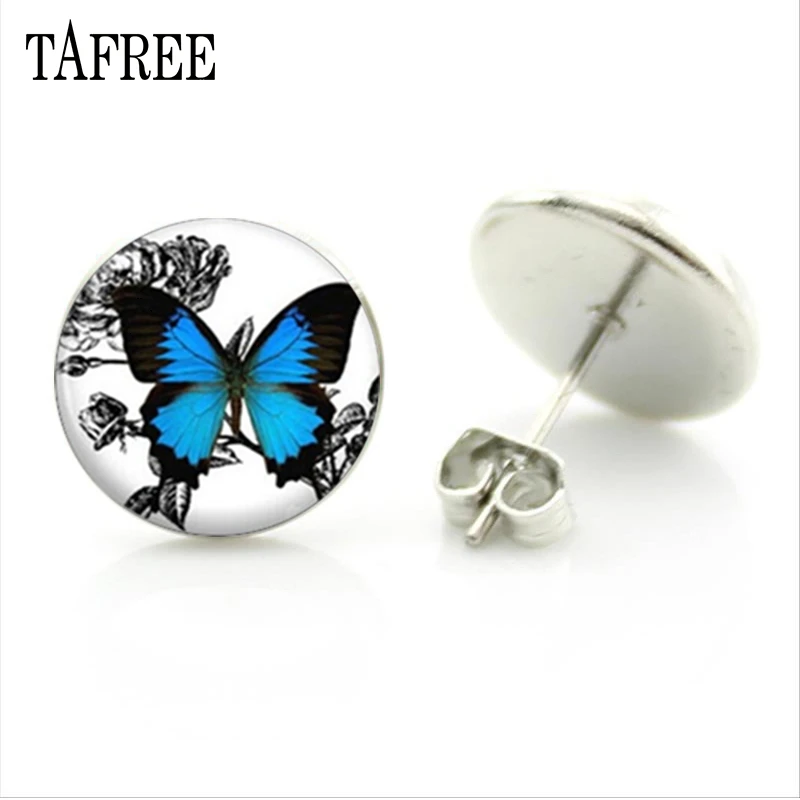 TAFREE Brand Beautiful Butterfly Art Patterns Stud Earring Glass Cabochon Dome Earrings for Women Girls Fashion Jewelry JS135 | Украшения и