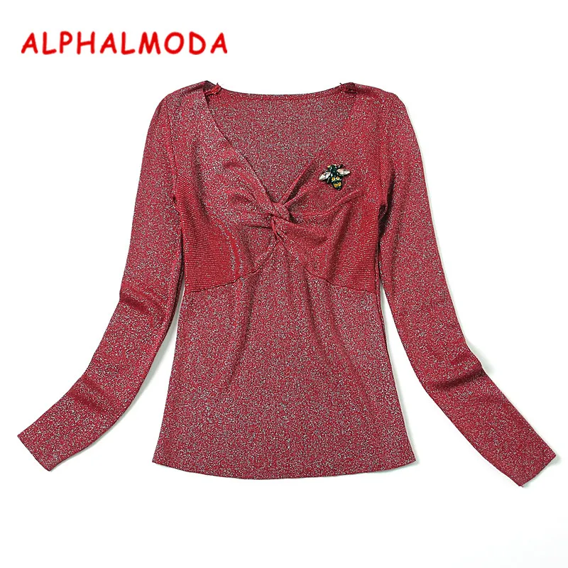 Женский вязаный джемпер ALPHALMODA со сверкающими кристаллами с V-образным вырезом на