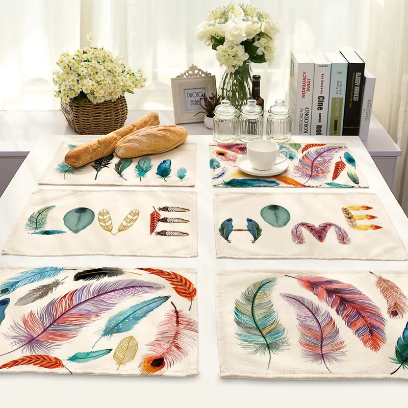 

Colored Feather Pattern Table Mats for Dining Table Linen Rectangle Placemats for Kitchen Table Kitchen Accessories Love Home