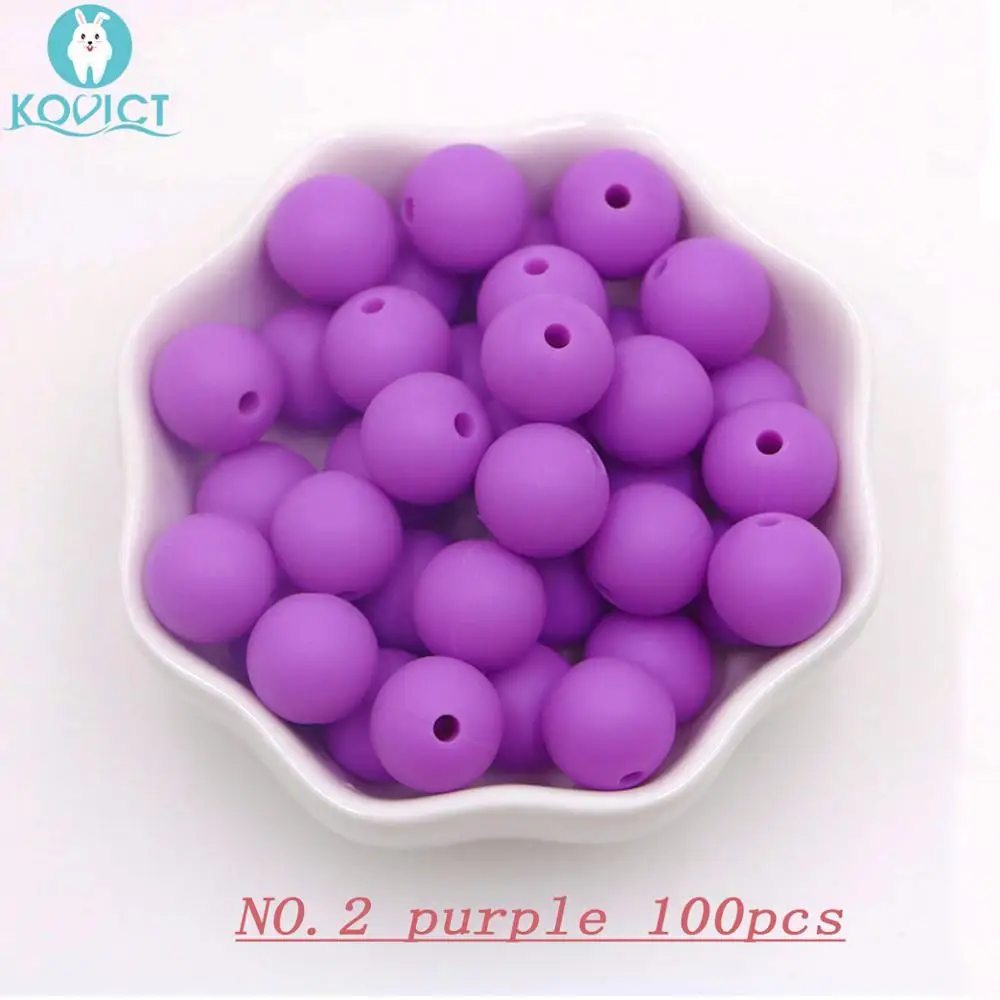 NO.2 purple Kovict 100/200/500/1000 шт. Силиконовые Круглые бусины 12 мм, Фурнитура для бижутерии, соски с цепочкой, подарок для новорожденных Круглый Силиконовый Прорезыватель для зубов из бусин для Цепочки и ожерелья - Цвет: NO.2 purple