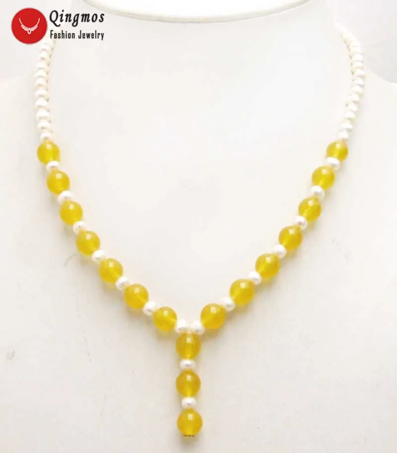 

Qingmos Trendy Natural Pearl Chokers Women Necklace with 6-7mm Round White Pearl & 8mm Yellow Jades 17'' Pendant Necklace ne6000