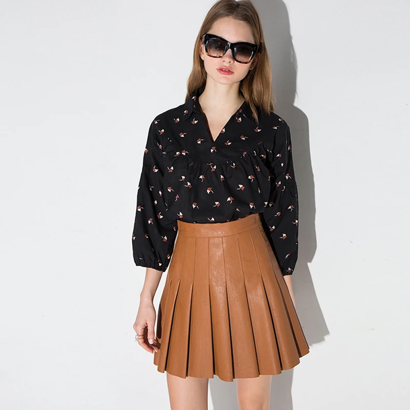 HYH HAOYIHUI Apparel Khaki Ruched Preppy Mini Casual Loose Leather Skirt Women Bottom Spring PU Basic Pleated Elegant | Женская одежда