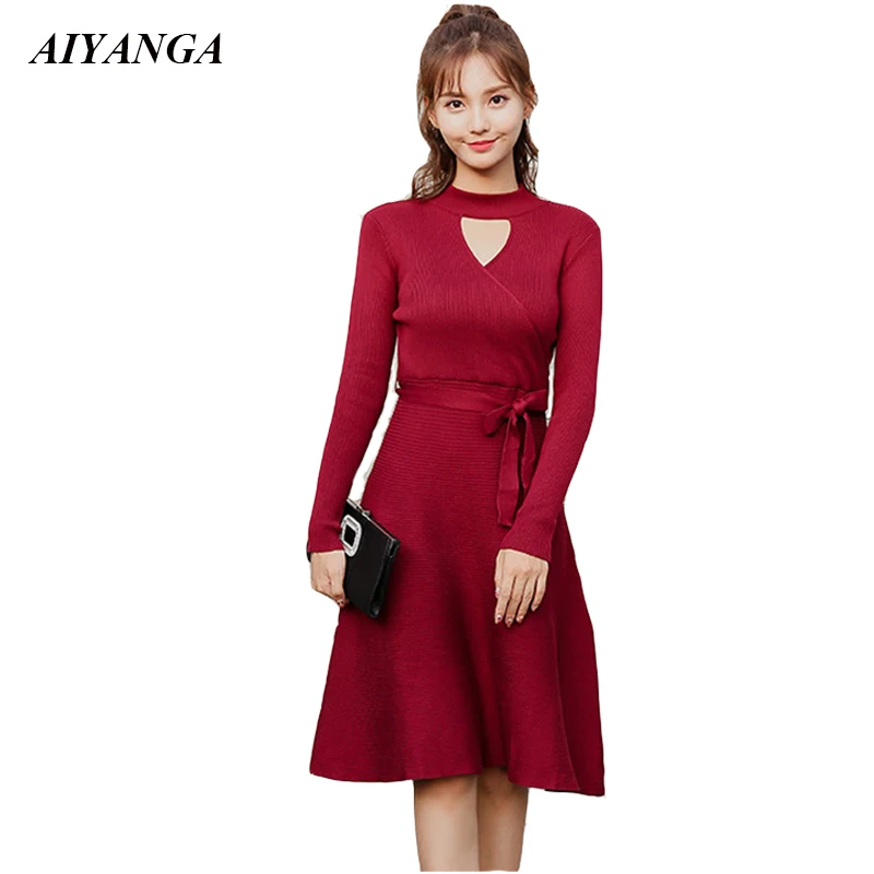 

New 2018 Autumn Winter Knitted Dress Women Sexy V Neck Knitting A-Line Dress For Woman Slim Elasticity Sweaters Dresses Female
