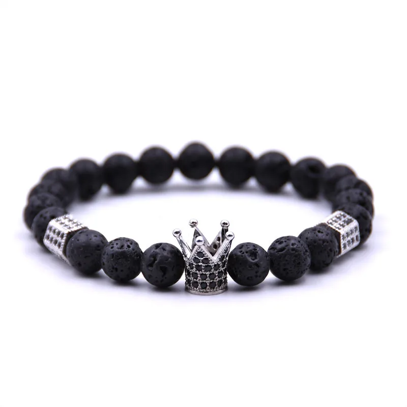 

Trendy Imperial Crown & Stoppers Bracelets Black Lava Stone Natural Beads Bracelet For Women Men Jewelry Pulseras Mujer