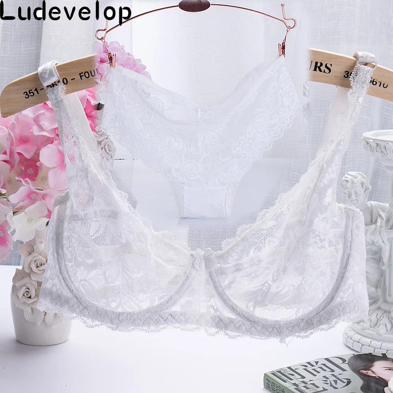 

Newest Very Sexy Women Half Cup Lace Bra + Briefs Plus Size Ultra-thin Sexy Plunge Bra Sets 32-40 A B C Cup Free Shipping