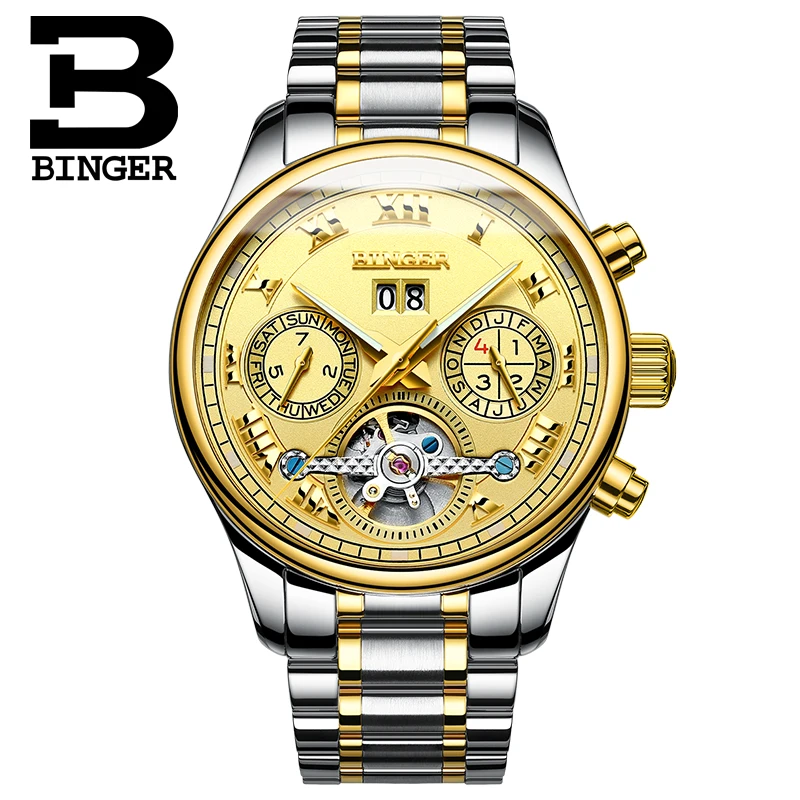 Роскошные золотые мужские часы Tourbillon водонепроницаемые механические наручные