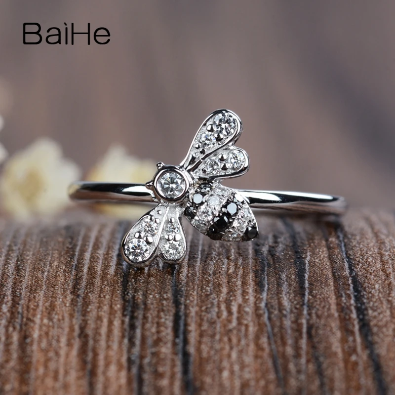BAIHE Solid 14K White Gold 0.18ct H/SI Natural Diamonds+Black Diamonds Women Trendy Fine Jewelry Beautiful diamond bee Ring | Украшения и