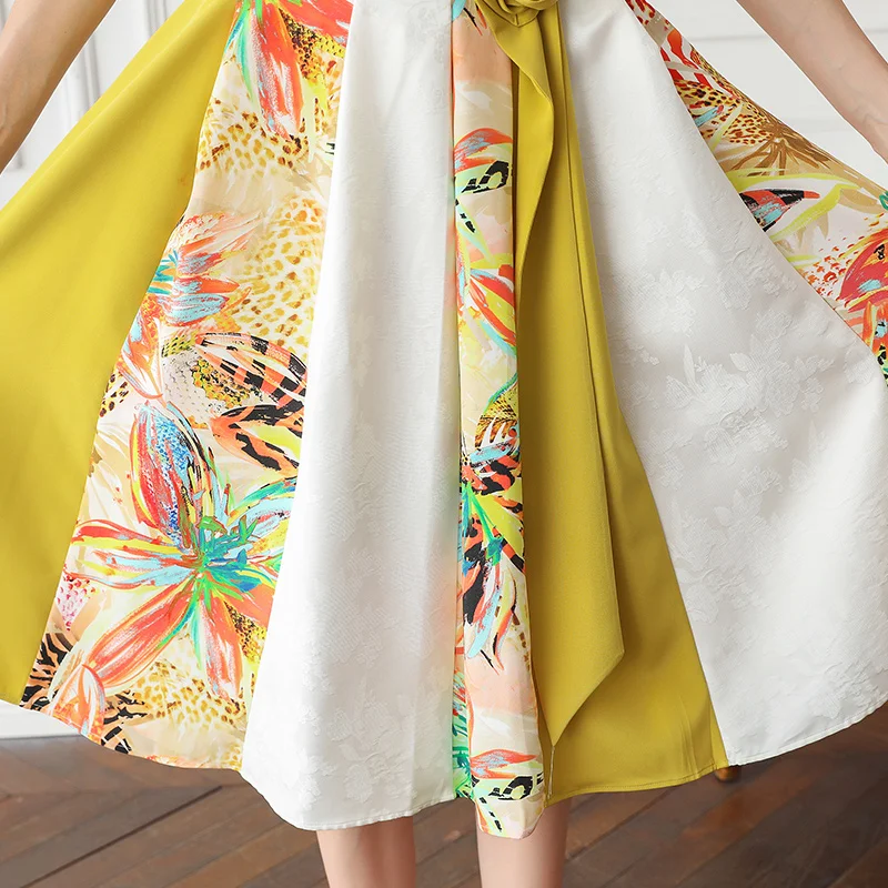 VOA Silk Party Dresses Women Summer Yellow Midi Dress 3D Printed V Neck Boho Slim Large Size Sweet Elegant Short Sleeve A731 | Женская