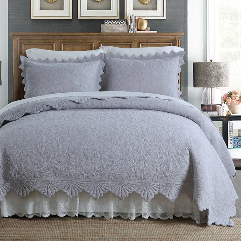 

Korea Embroidered Quilt Set 3PCS Quality Quilted Cotton Blanket Thick Bedspread for Bed Covers King Size Solid Color Coverlet
