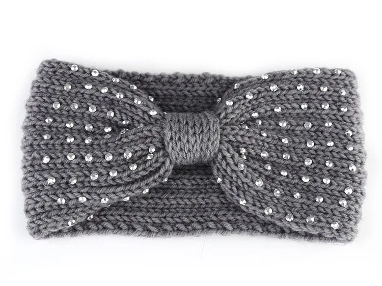 Light Gray 1 шт., новинка, зимняя теплая вязаная повязка на голову с ушками, бант, стразы, головные уборы для женщин и девочек, Европейский цельный тюрбан, повязка на голову - Color: Light Gray