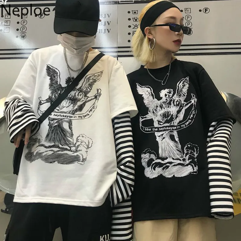 Neploe Harajuku футболка с длинным рукавом Женская принт в стиле пэчворк полоску О