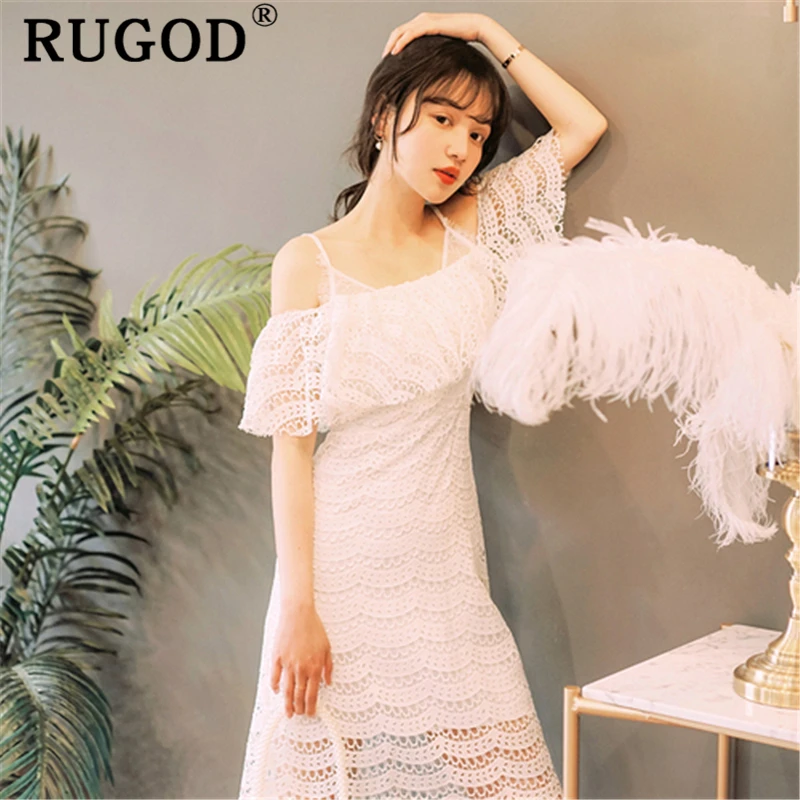 RUGOD Elegant party dress for women Fashion spaghetti strap hollow out long maxi vestidos Vintage off shoulder white | Женская одежда