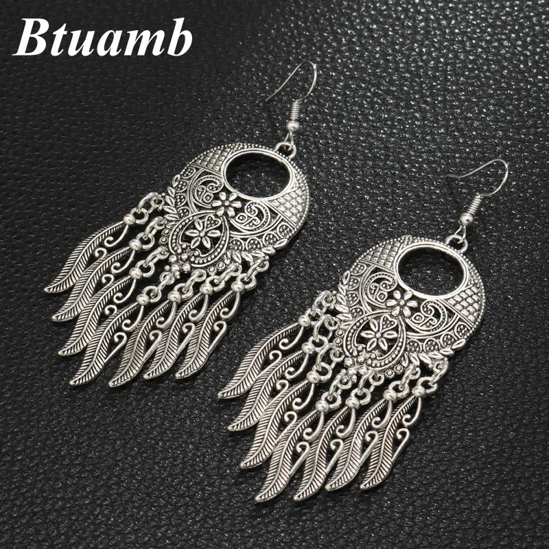 Btuamb Boho полые длинные листья кисточки серьги винтажные этнические резные большая капля воды Висячие серьги для женщин эффектные ювелирные изделия