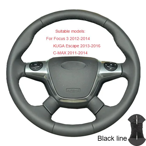 Black thread Крышка рулевого колеса для Ford Focus 2 2005-2011(3-спицевый) Focus 3 2012- KUGA Escape 2013-/на заказ оплетка рулевого колеса - Название цвета: Black thread