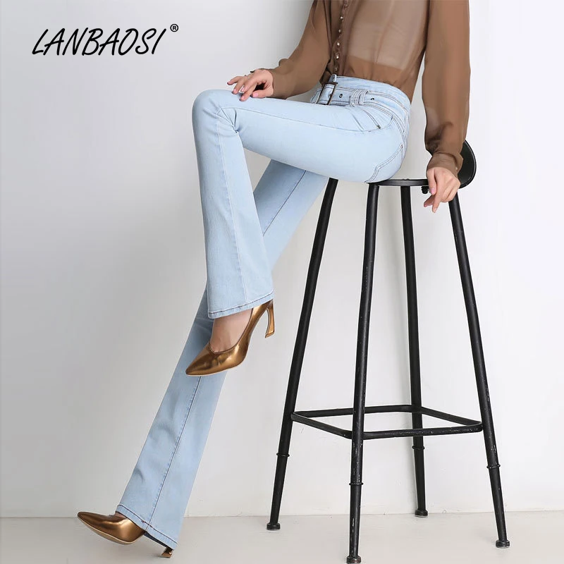 Женские расклешенные джинсы LANBAOSI синие джинсовые брюки палаццо с высокой