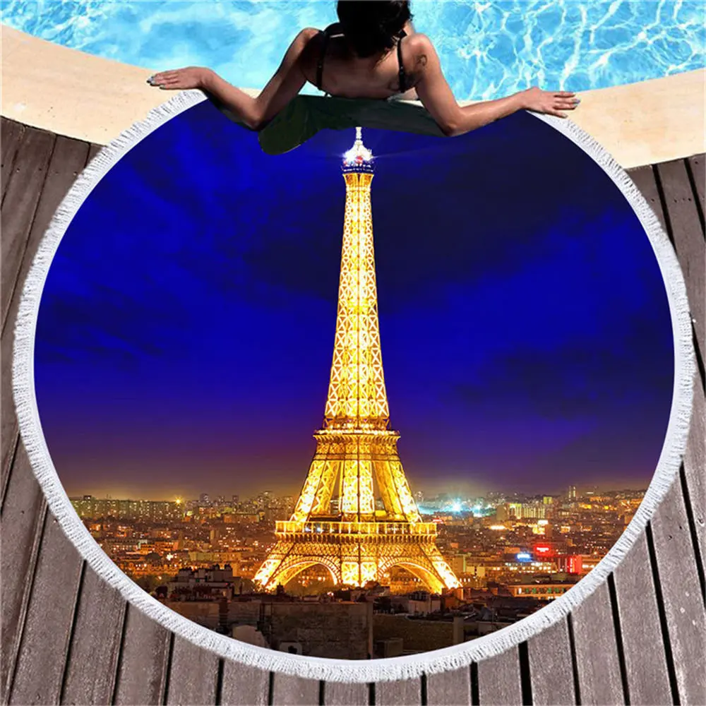 Building Series Printed Round Beach Towel Tower Night View Beautiful Home Decor Tapestry Swimming Microfiber |