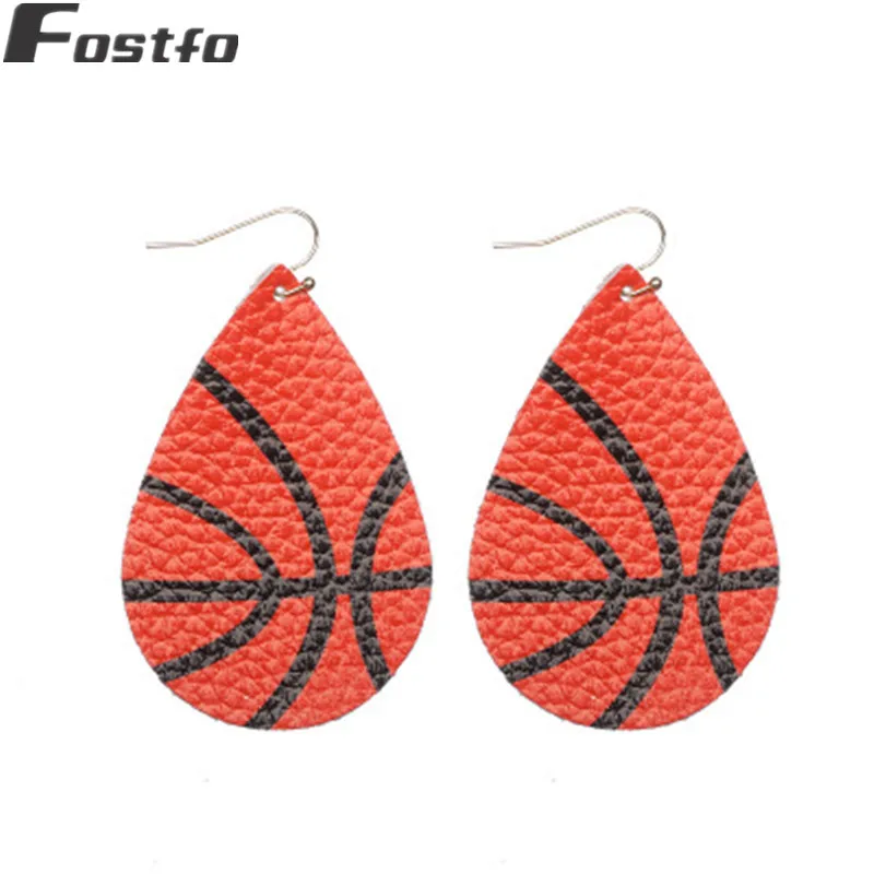 Fostfo кожаный принт Софтбол футбол Baskteball Висячие серьги для женщин Большой Teardrop