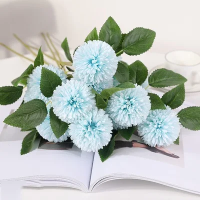 5pcs Blue 5 шт./компл. 3 головы желтый Искусственные цветы гортензии букет с длинными стеблями шелк, принт в виде одуванчиков, осень домашние вечерние декор в форме искусственных цветов - Цвет: 5pcs Blue