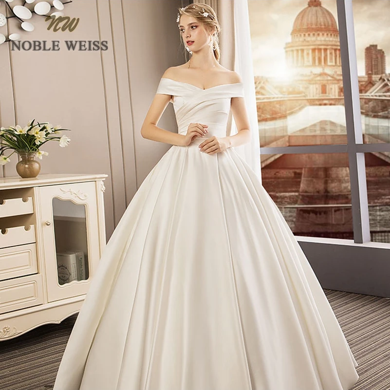

wedding dress 2021 a-line satin vestido de noiva princesa pleat boat neck bare back wedding gowns free shipping