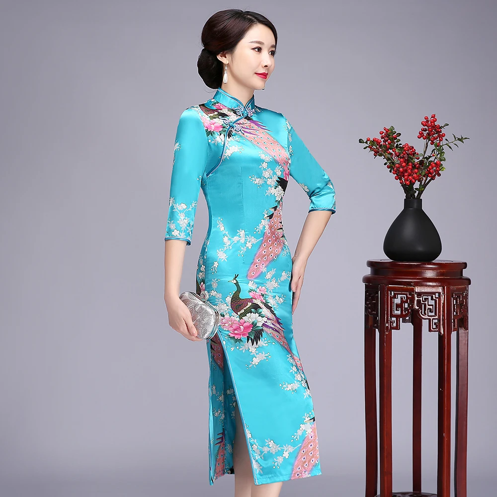 Qipao chino de talla grande para mujer, vestido elegante de manga 3/4, Cheongsam de rayón con estampado Floral y pavo real, S-6XL