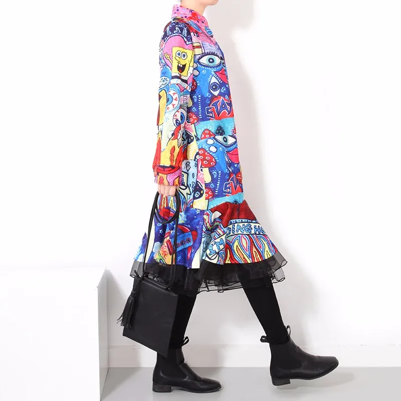 New 2018 Women Colorful Flare Shirt Dress Long Sleeve Trumpet Bottoms Cartoon Multicolor Printed Boho Chic Midi 1945 |