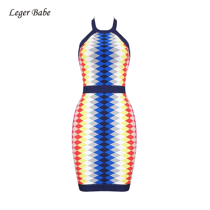 

Summer Multi Colors Jacquard Geometric Halter Women Bodycon Elastic Bandage Dress 2018 New Arrival Fashion Club Party HL Vestido