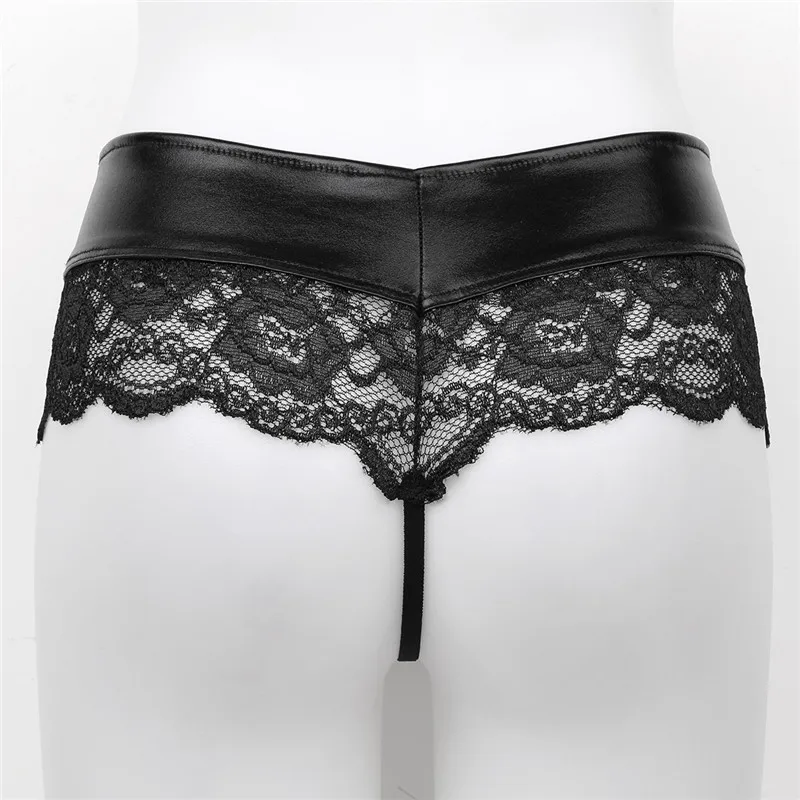 MSemis Women Sexy Open Butt Lingerie Floral Lace Splice G-string Thong Crotchless Bikini Leather Underwear Women Sexy Panties