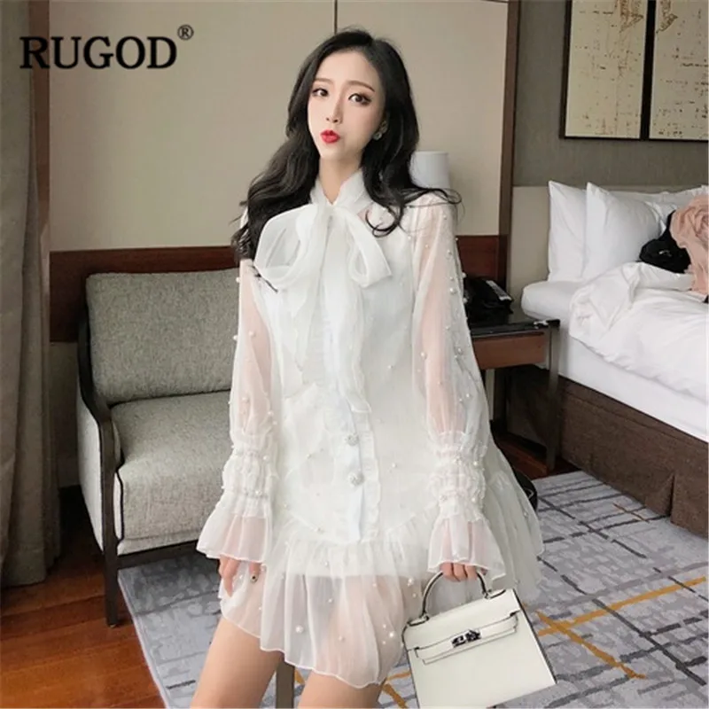 

RUGOD Spring New Lace Mesh Perspective Dress Women Bow Neck Pearl Beading Elegant Dresses Sexy Flare Sleeve Chiffon Dresses