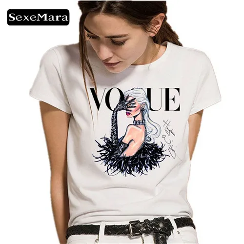 SexeMara женские футболки VOGUE с буквенным принтом модные летние женские футболки Повседневная хлопковая модная футболка с коротким рукавом