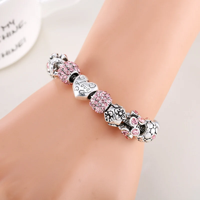 MANBALA женская Любовь Шарм Браслет с Розовым Горный Хрусталь Бисер 2017 Модные