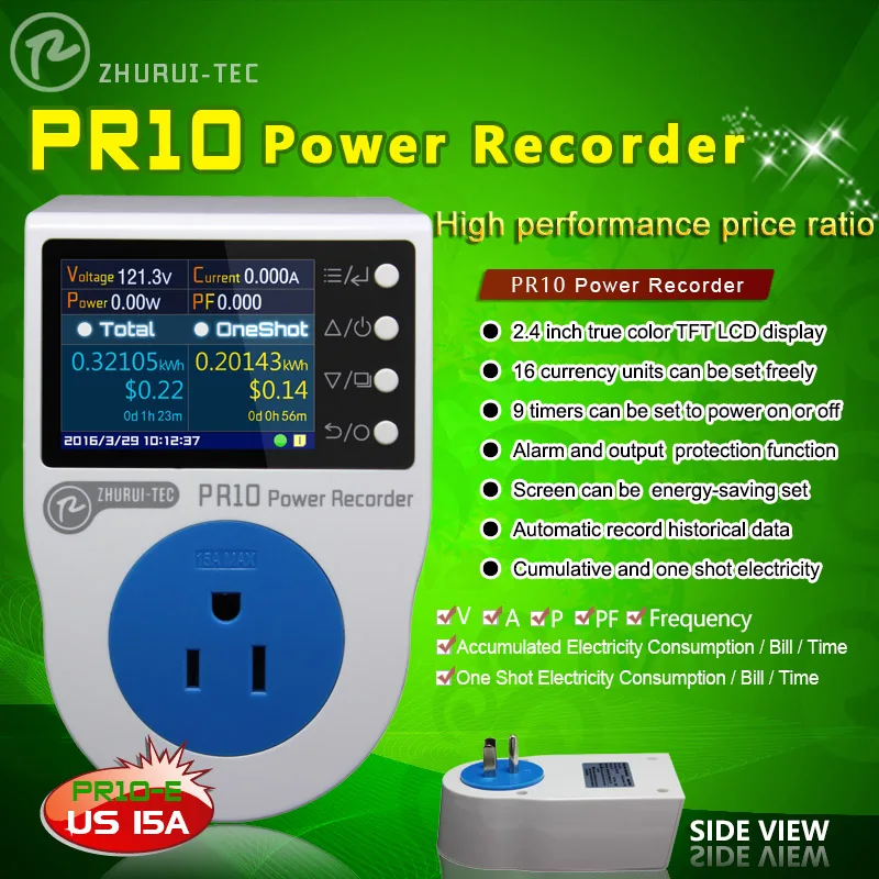 PR10-E US15A измеритель мощности/домашняя измерительная розетка/Ватт метр/2,4 дюймов TFT цветной lcd/0.5FS/0,1~ 3750w
