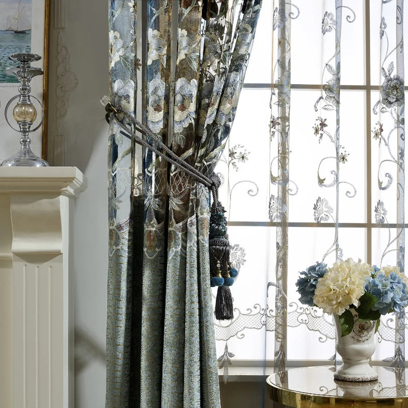 Blue European luxury custom embroidery villa curtains for Living Room low-key classic Bedroom/Study | Дом и сад