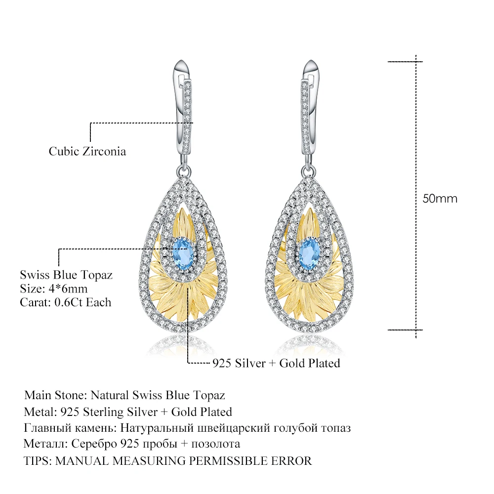 

GEM'S BALLET 925 Sterling Silver Handmade Fine Jewelry 1.20Ct Natural Swiss Blue Topaz Fashion Sunflower Drop Earrings for Women