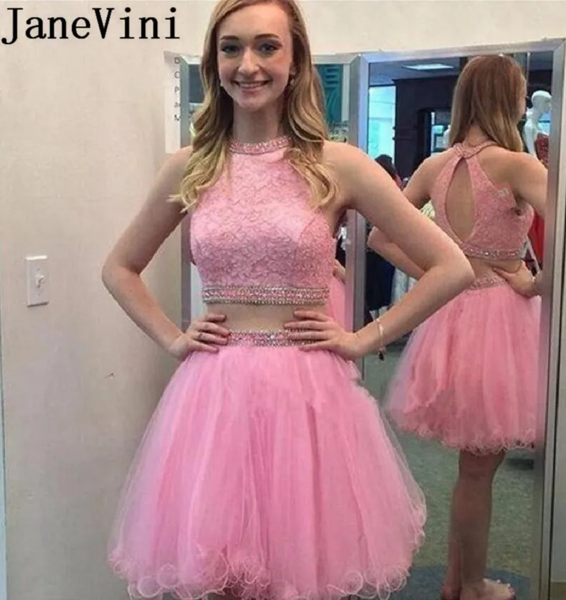 

JaneVini Abiti Con Tulle Homecoming Dresses 2019 Short Pink Two Pieces Beaded Party Gowns Lace Beading Prom Graduation Dress