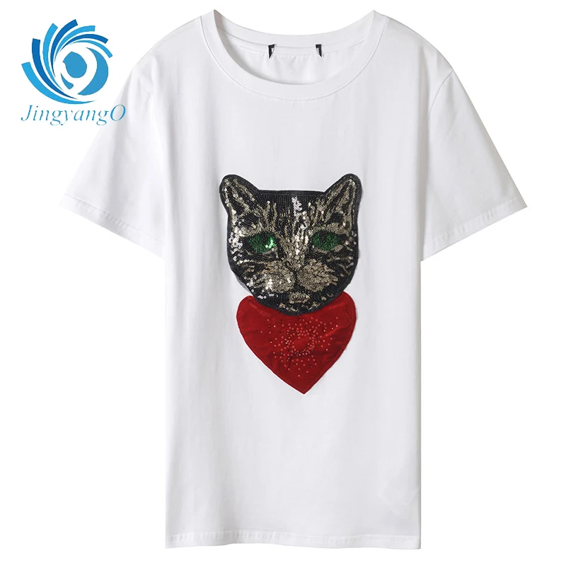JingyangO 2018 Новинка весны и лета Для женщин красное сердце Sequin кусочек Cat патч