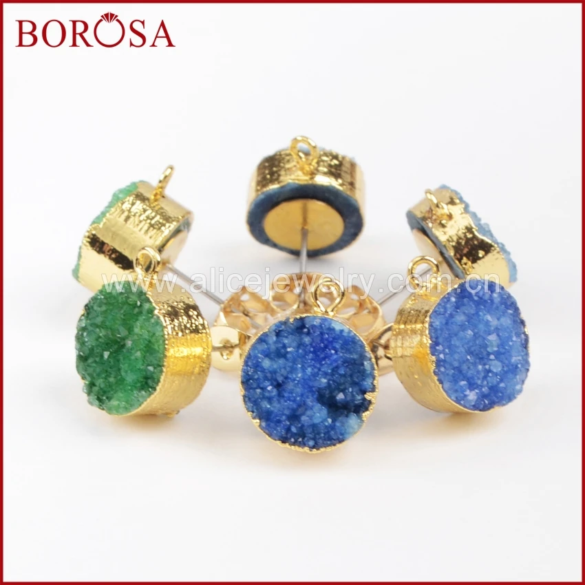 BOROSA серьги Друза золотого цвета 12 мм зеленый и синий круглый кристалл Druzy